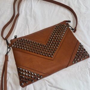 Studded Tan Leather Wristlet Clutch/Crossbody Purse with Gun Metal Hardware